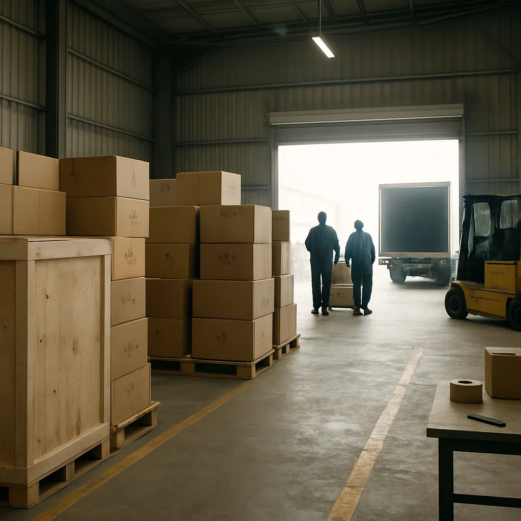 Export packaging and loading area with hospital furniture cartons stacked on pallets