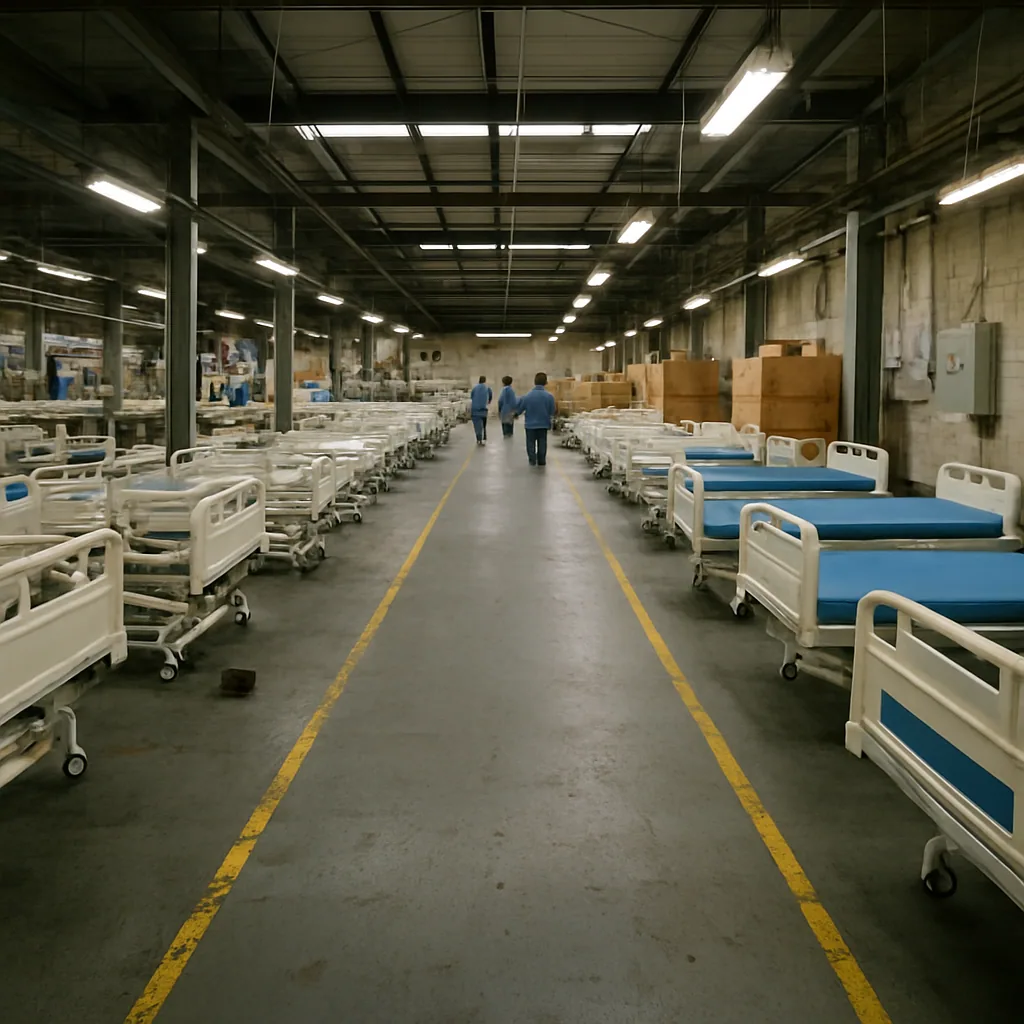 Hospital furniture manufacturing facility floor with assembled hospital beds and overbed tables