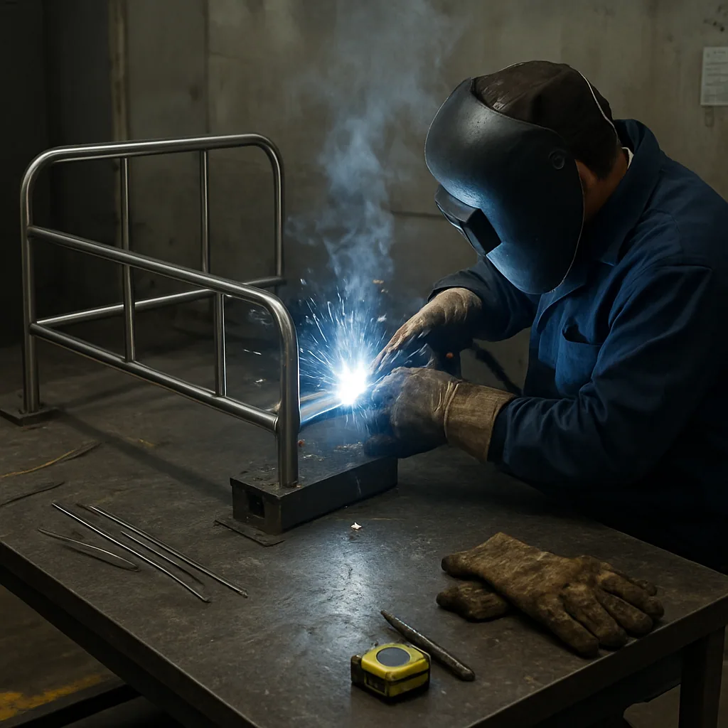 Welder assembling a stainless steel hospital bed frame on the production line