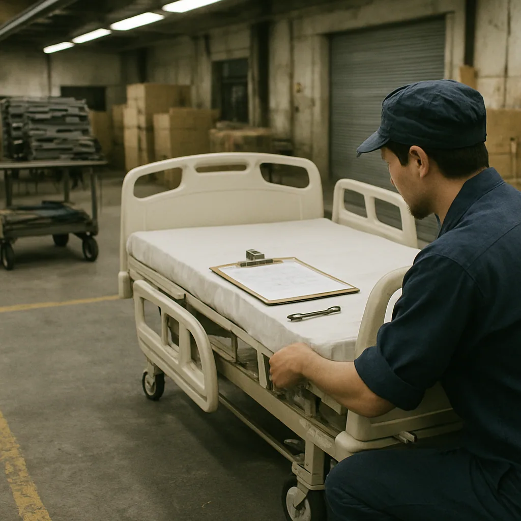 Quality control inspector checking a finished hospital bed at an inspection station