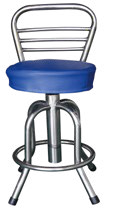 Stainless steel round stool with a blue seat and tubular backrest
