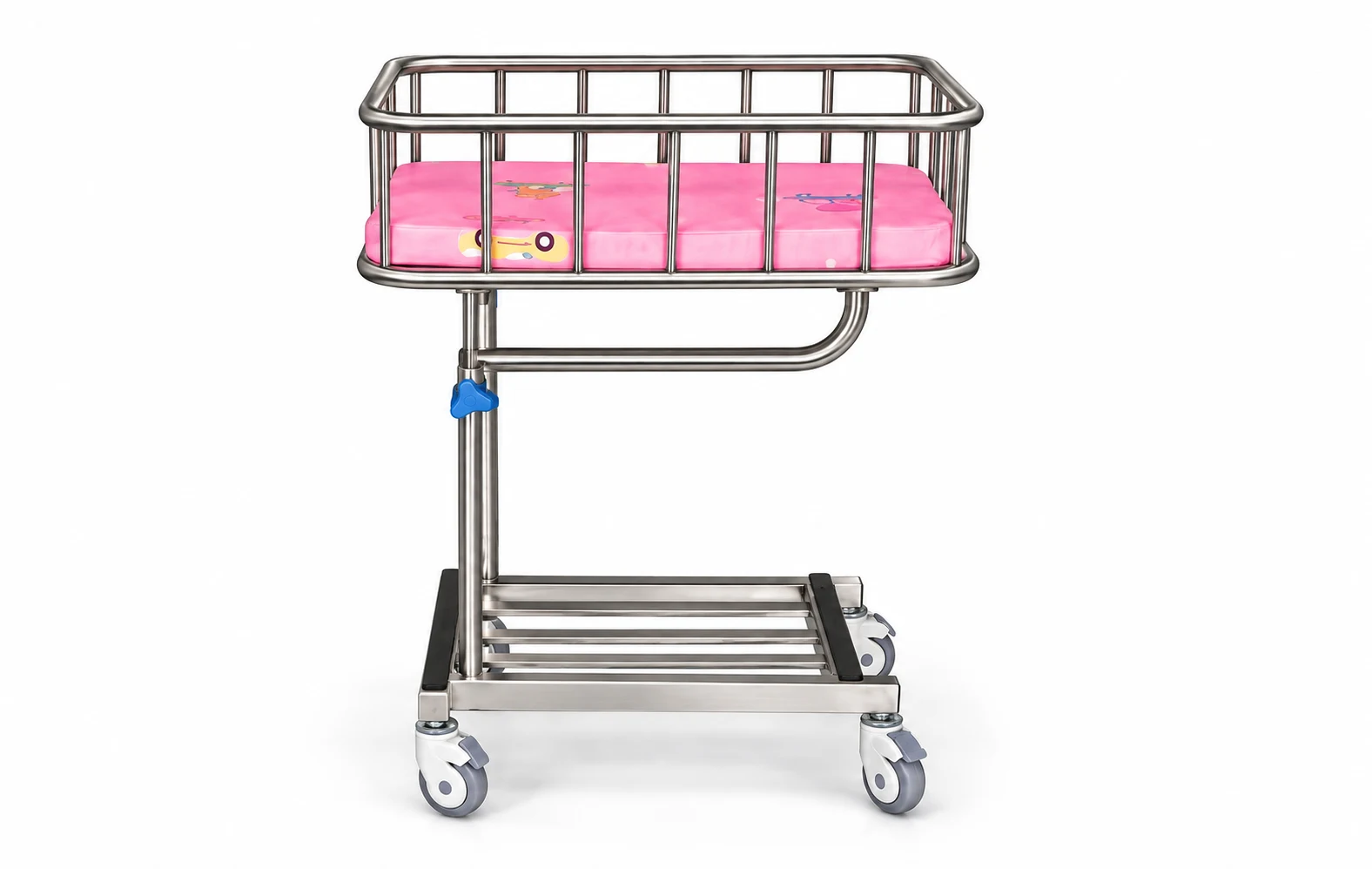 YC-H03 Height-Adjustable Stainless Steel Baby Crib — A Barred Crib Above A Slatted Lower Shelf
