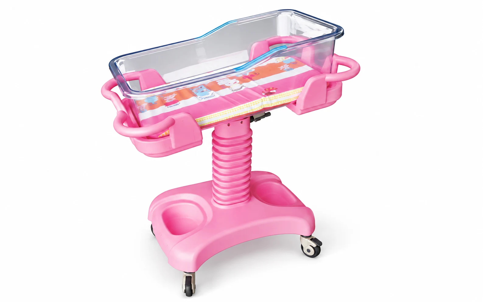 YC-H05 ABS Tilting Baby Bassinet — A Clear Basin Above A Molded Pink Base