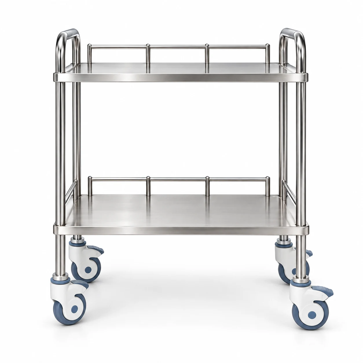 YC-K05 Stainless Steel Instrument Trolley — Two Shelves Between Raised End Handles