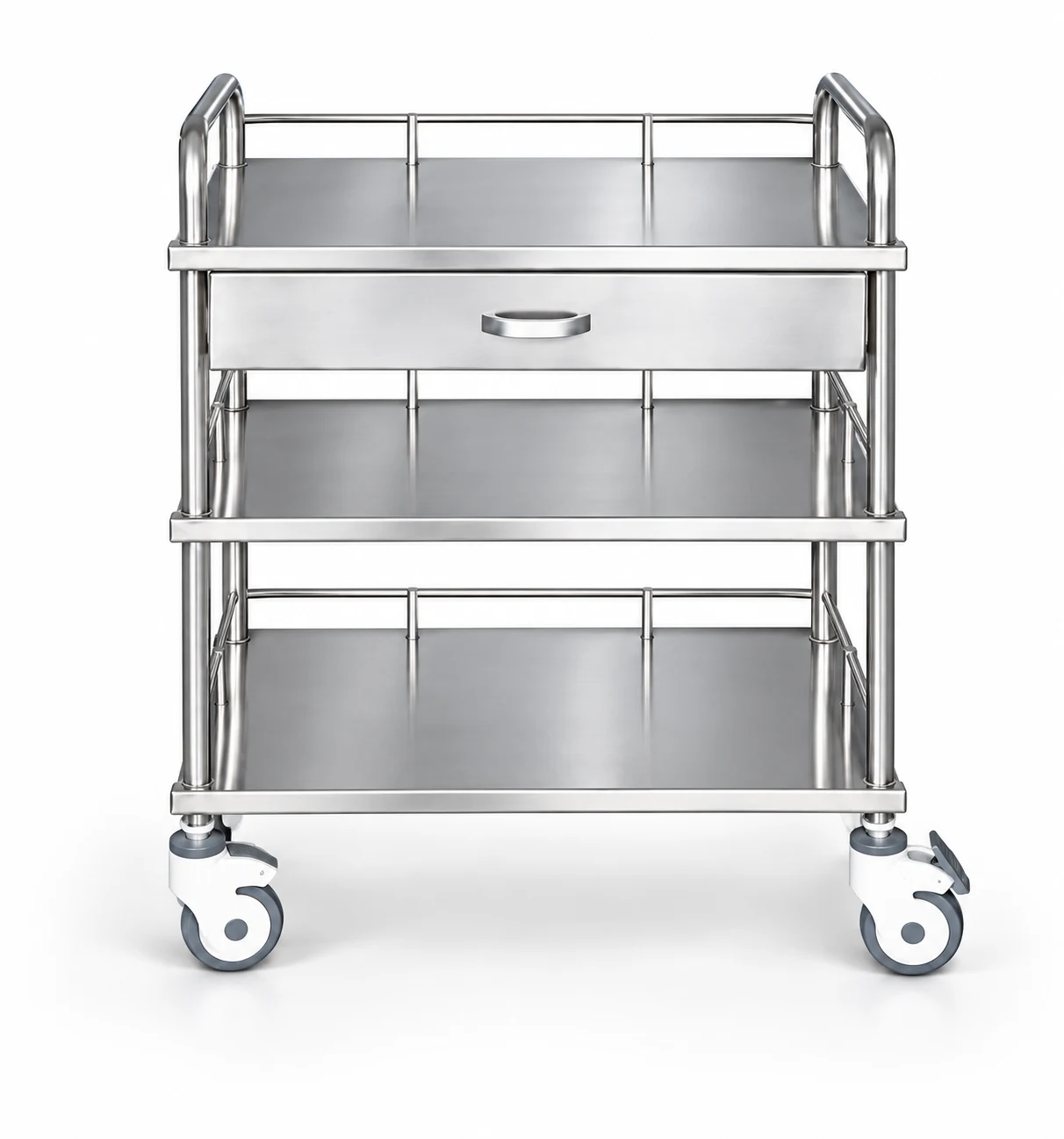 YC-K06 Stainless Steel Instrument Trolley — Three Shelf Levels And One Upper Drawer