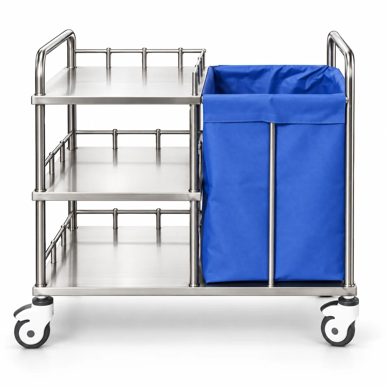 YC-K16 Stainless Steel Nursing Trolley — Three Shelves Beside A Tall Bag
