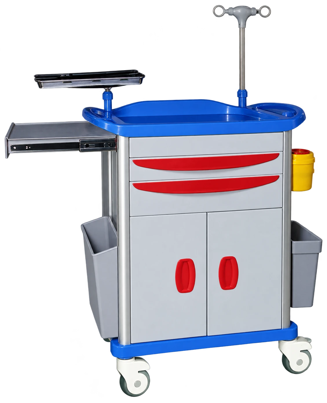 YC-P01 emergency cart with drawers, lower cabinet, pole and side shelf