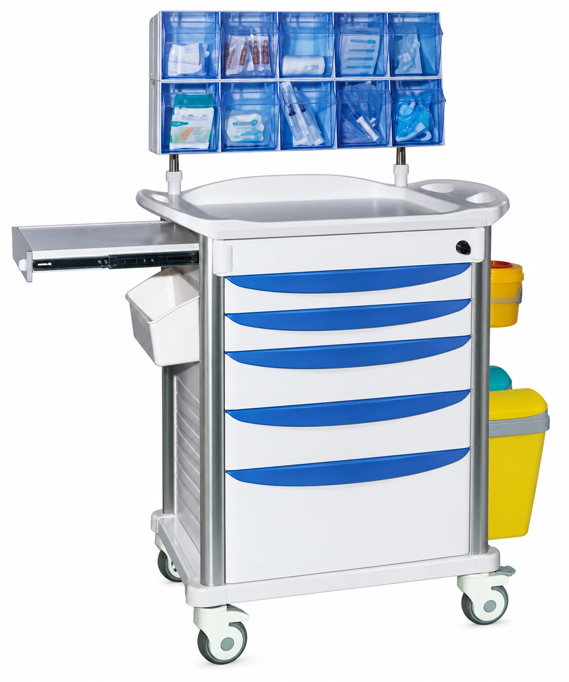 YC-P15 ABS Anesthesia Cart — An Oval-Ended Top And Five Blue Handles