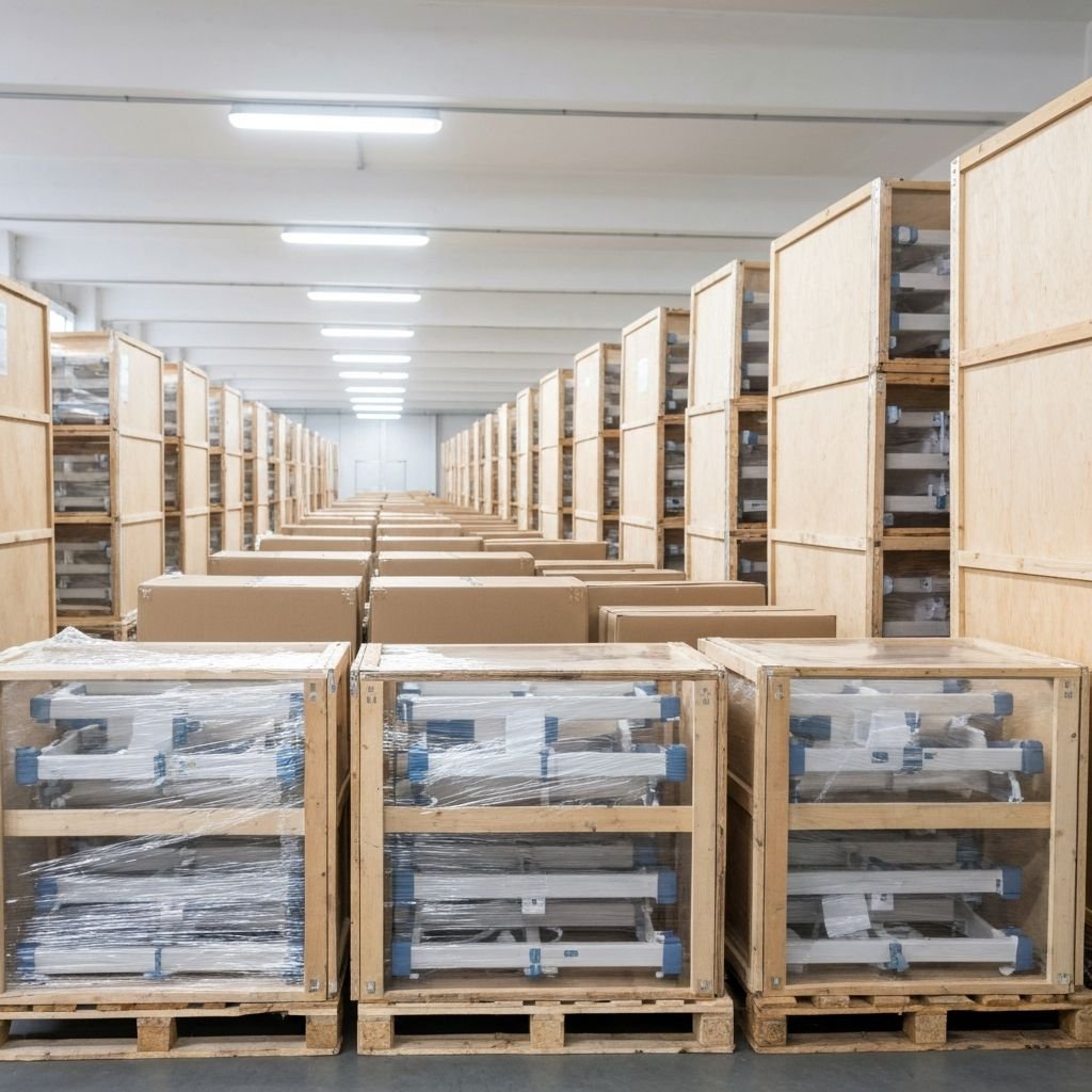 Export packaging area with crates ready for shipment