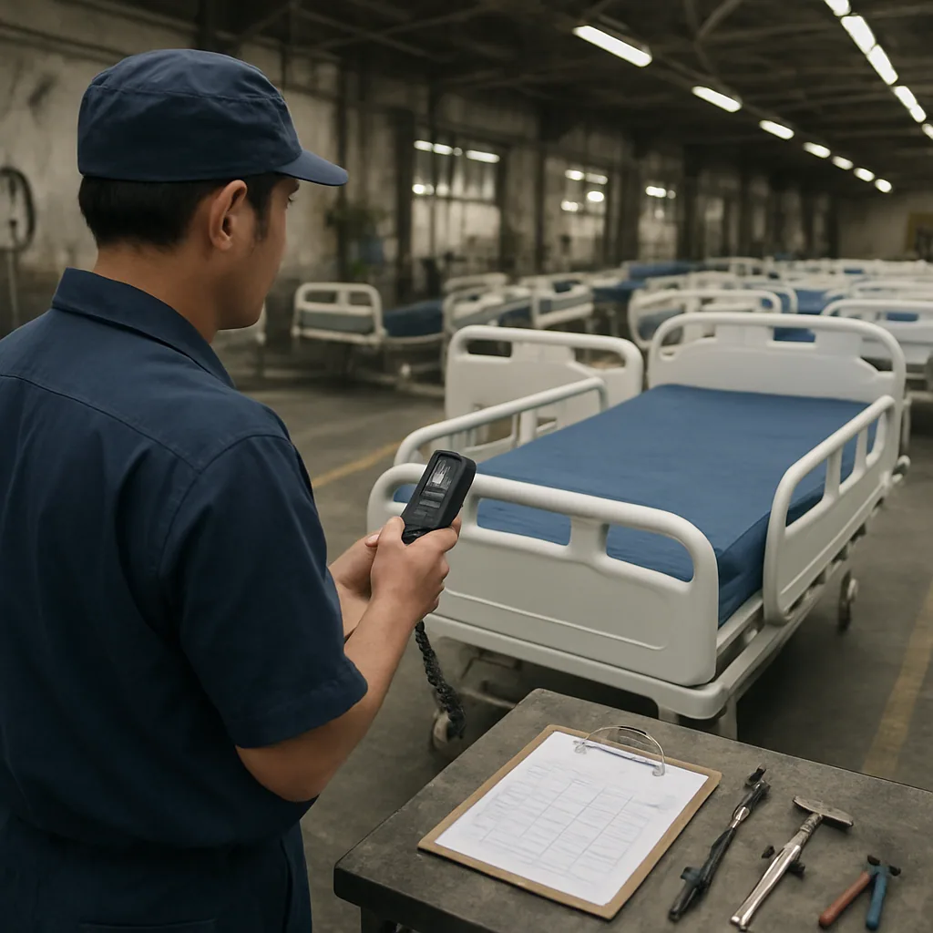 Product inspection station for finished hospital beds